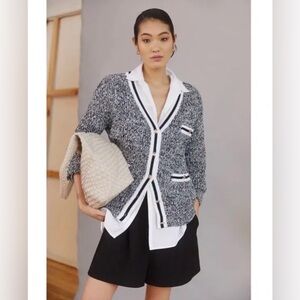 Anthropologie Maeve Tweed Boyfriend Cardigan Button Up Black & White Large